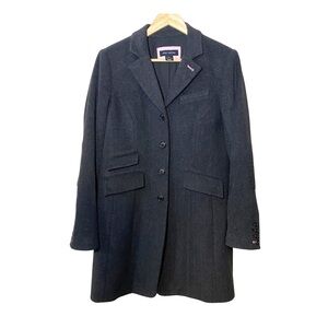 Pink Tartan | Herringbone Charcoal Wool Blazer Coat With Light Pink Trim Details